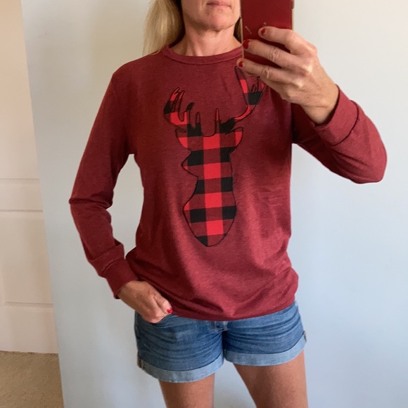 Tops - Red French Terry Long Sleeve Plaid Reindeer Top